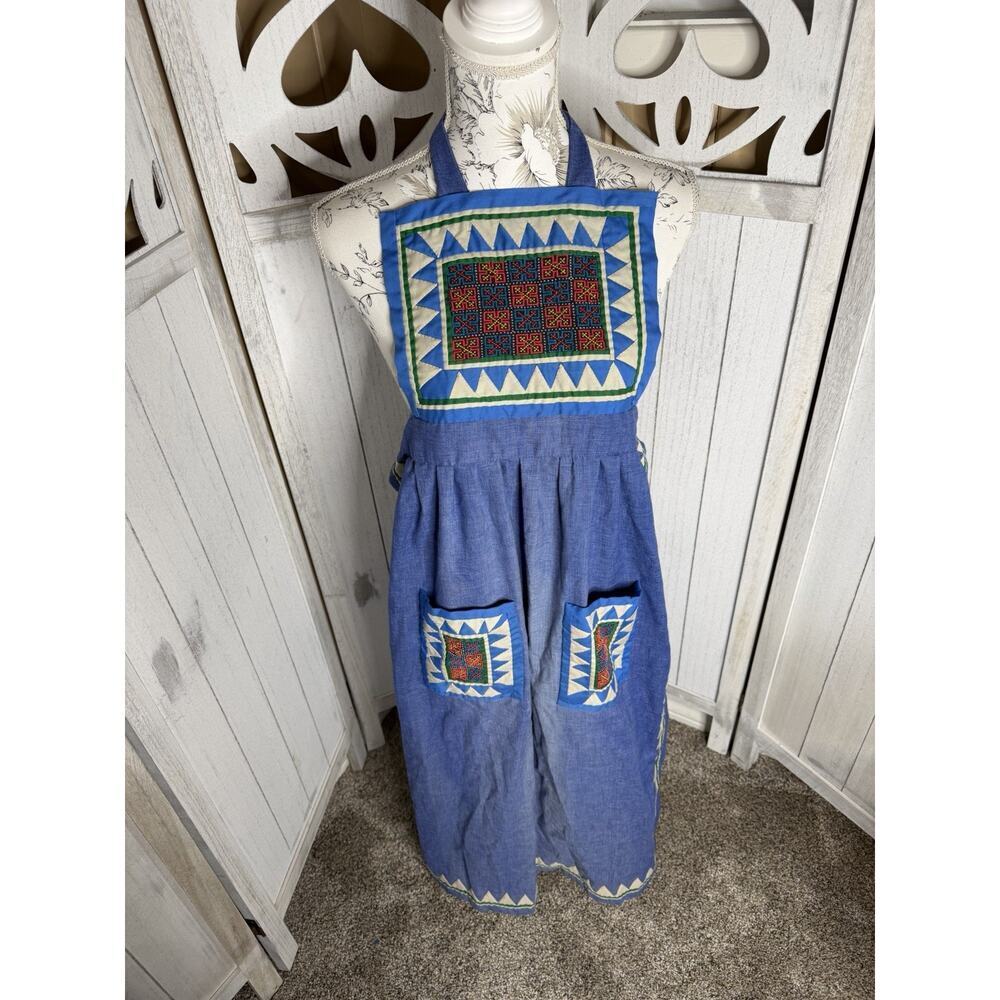 Vintage Blue Prairie Apron Cottagecore Quilted Folk Farmhouse Kitchen